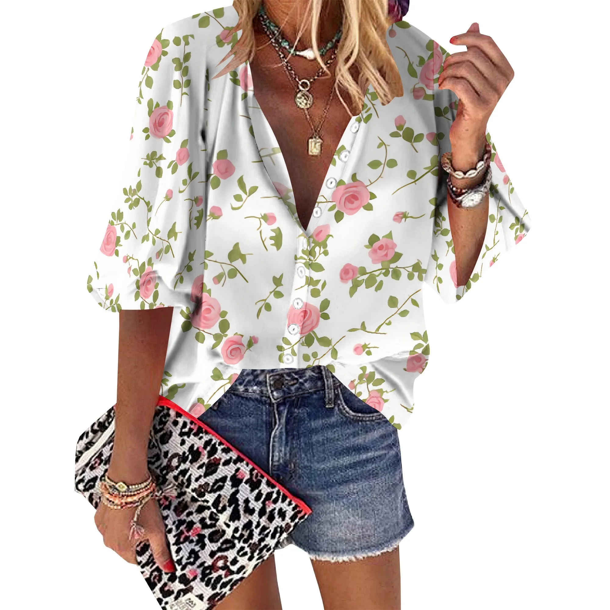 Women's Business Casual Vintage Dainty Pink Rose Florals Tops Summer 3/4 Sleeve Button Down Floral Shirts V Neck Blouses
Women's Business Casual Vintage Dainty Pink Rose Florals Tops Summer 3/4 Sleeve Button Down Floral Shirts V Neck Blouses