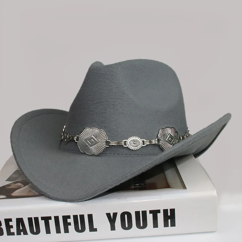 Europe America and Panama Vintage Jazz Hat Silver Square Chain Gentleman Hat Flat Border Wool Mens Western Cowboy Hat
Europe America and Panama Vintage Jazz Hat Silver Square Chain Gentleman Hat Flat Border Wool Mens Western Cowboy Hat