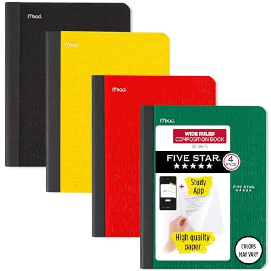 Five Star Composition Book + Study App, 4 Pack, Wide Ruled Paper, 7-1/2" x 9-3/4", 80 Sheets, Forest Green, Tidewater Blue, Fir
Five Star Composition Book + Study App, 4 Pack, Wide Ruled Paper, 7-1/2" x 9-3/4", 80 Sheets, Forest Green, Tidewater Blue, Fir
