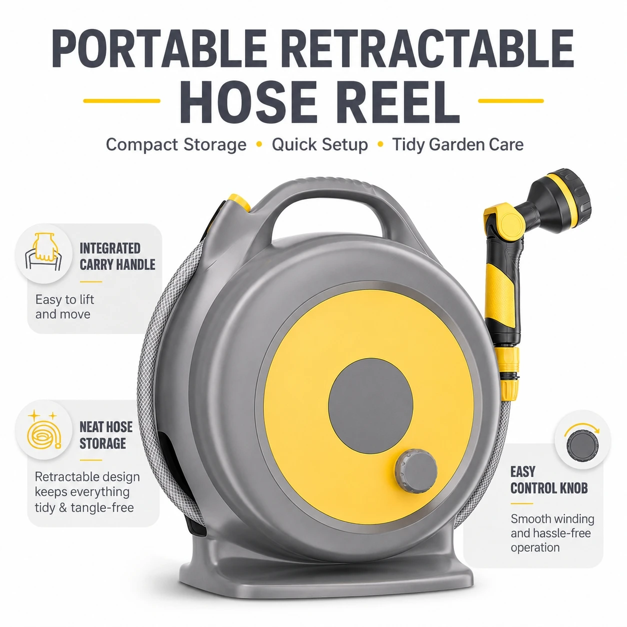 Garden Hose Reel with Spray Nozzle Portable Watering Hose Storage Organizer for Garden Watering Car Washing Home Use
Garden Hose Reel with Spray Nozzle Portable Watering Hose Storage Organizer for Garden Watering Car Washing Home Use