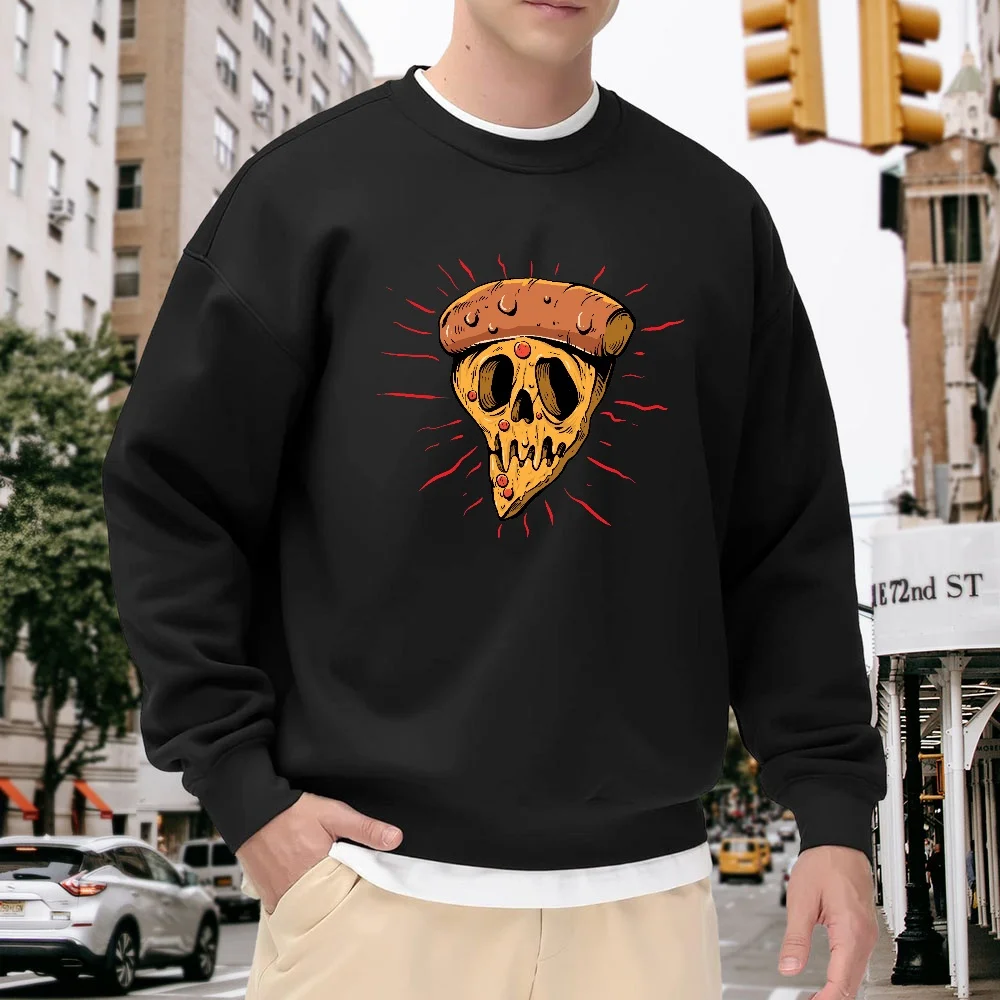 Men's Black Crew Neck Sweatshirt with Fun Pizza Skull Print, Loose Casual Street Style, Comfortable and Versatile for Everyday Wear
Men's Black Crew Neck Sweatshirt with Fun Pizza Skull Print, Loose Casual Street Style, Comfortable and Versatile for Everyday Wear