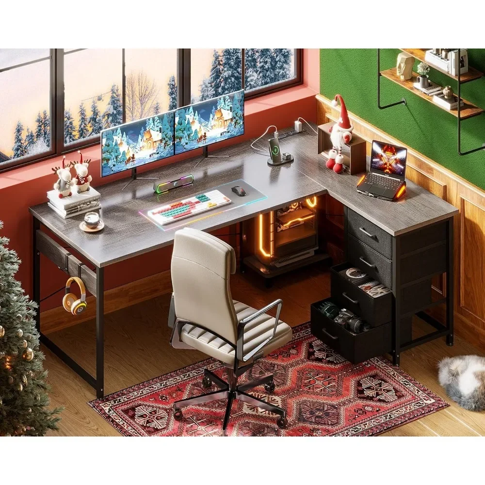 61" L Shaped Desk with 4 Tier Drawers, Power Outlets, Computer Desk with USB Charging Port and Host Stand
61" L Shaped Desk with 4 Tier Drawers, Power Outlets, Computer Desk with USB Charging Port and Host Stand