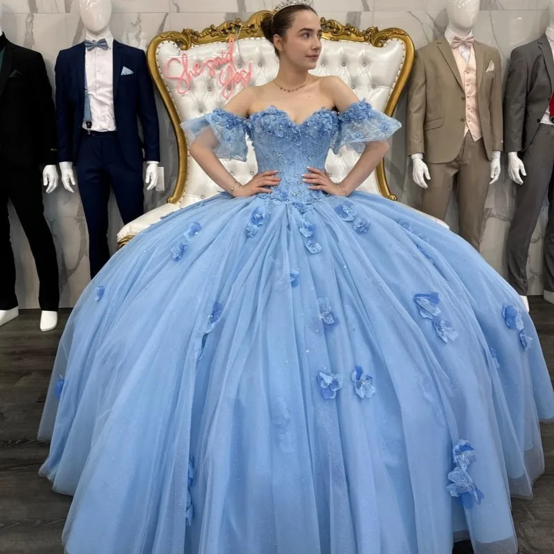 Sky Blue Shiny Princess Quinceanera Dress Off The Shoulder Ball Gown 3DFlower Beading Girl Sweet 16 Party Gown Vestidos De 15
Sky Blue Shiny Princess Quinceanera Dress Off The Shoulder Ball Gown 3DFlower Beading Girl Sweet 16 Party Gown Vestidos De 15