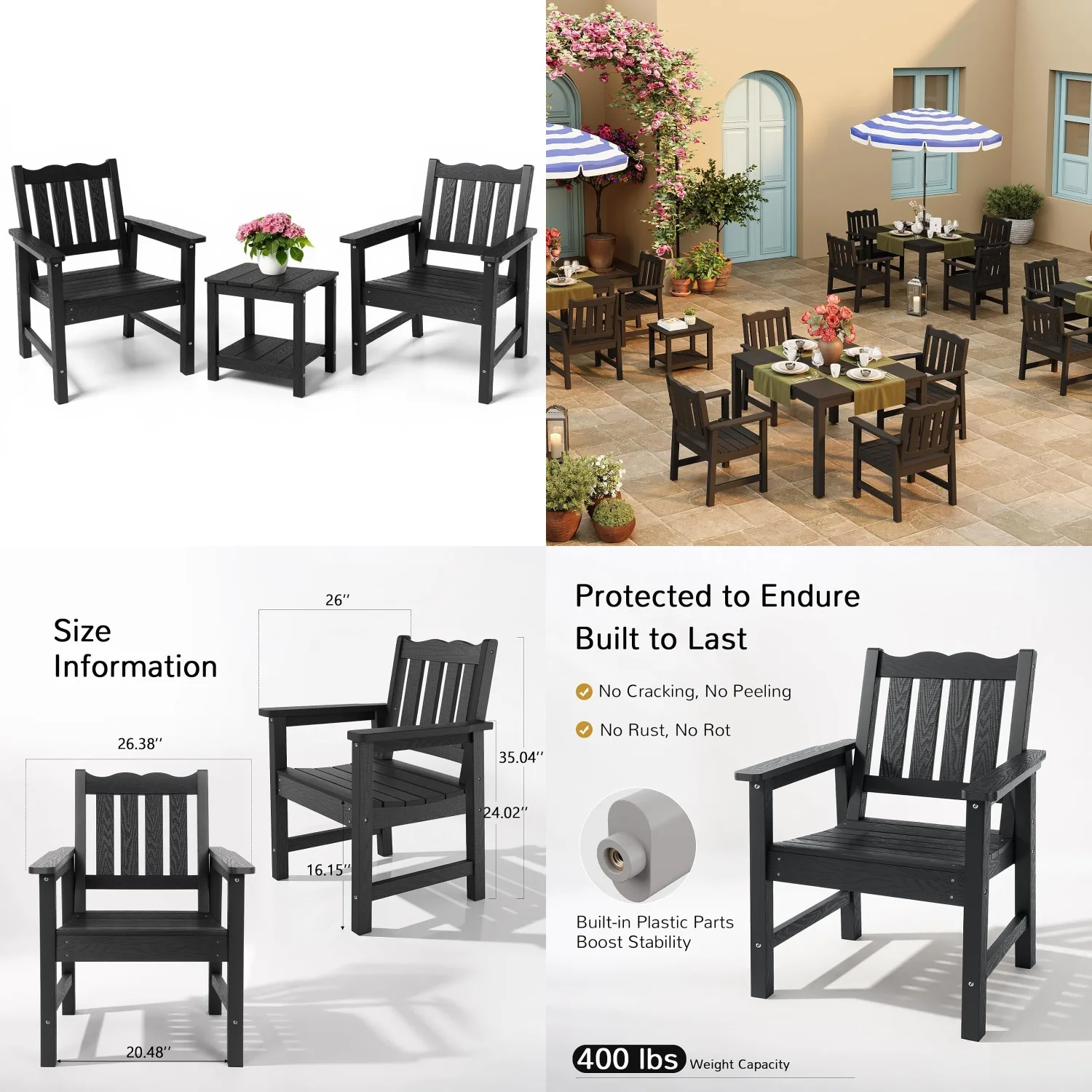 3 Piece Patio Bistro Set All-Weather Chairs 400 lbs Support Black, Customized
3 Piece Patio Bistro Set All-Weather Chairs 400 lbs Support Black, Customized