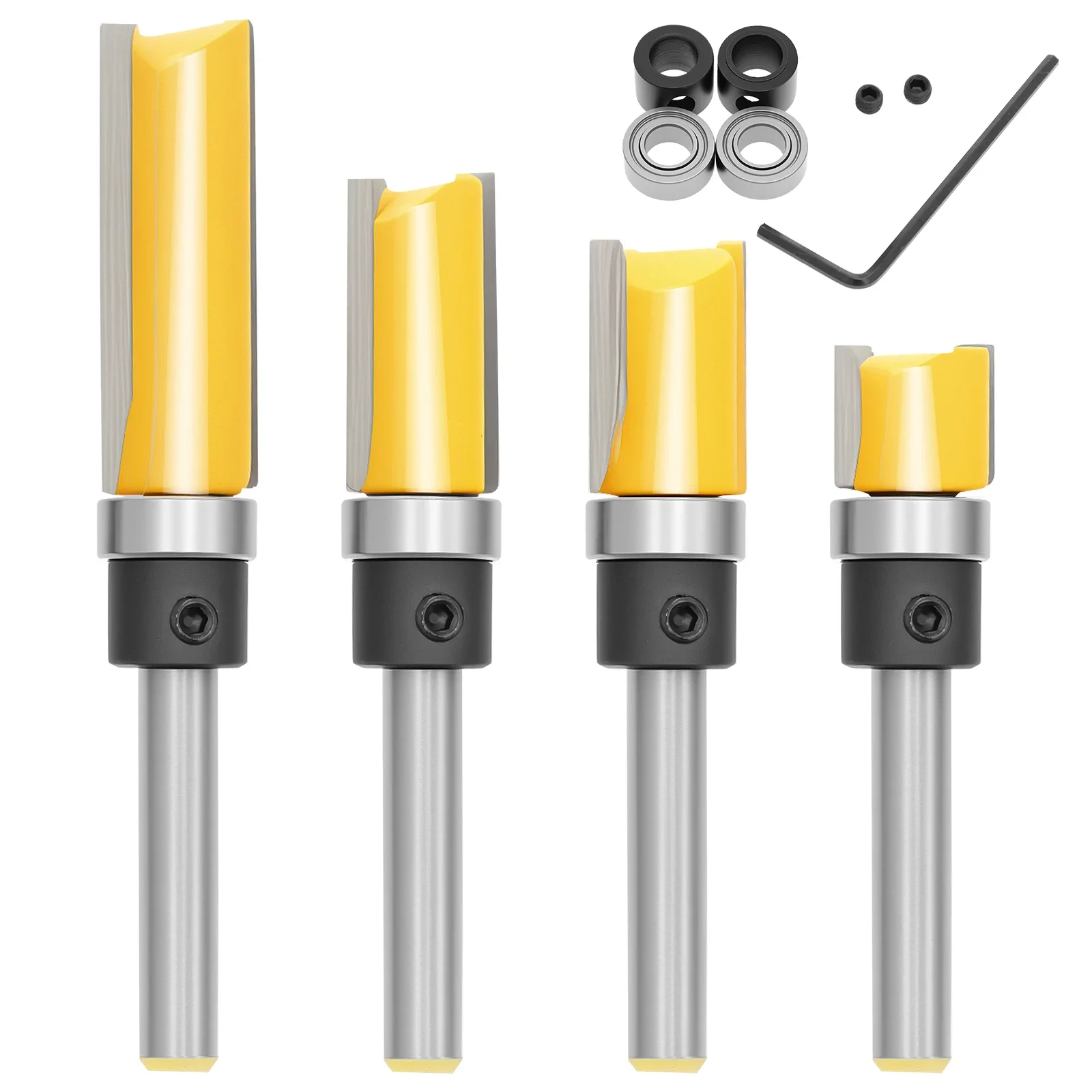 4Pcs Top Bearing Flush Trim Router Bit Set Carbide Flush Cut Router Bit 1/4 Inch Shank Wood Trimming Cutter for Woodworking
4Pcs Top Bearing Flush Trim Router Bit Set Carbide Flush Cut Router Bit 1/4 Inch Shank Wood Trimming Cutter for Woodworking