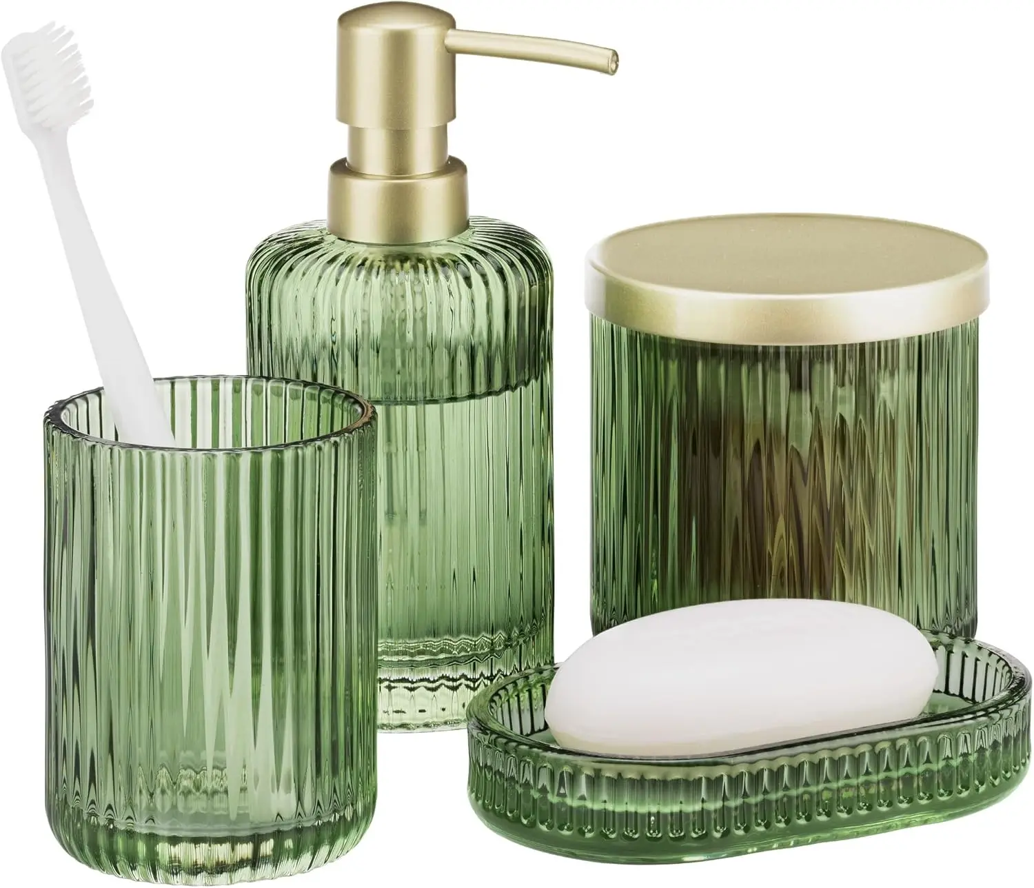 Glass Bathroom Accessories Set 4 Piece Sage Green with Soap Dispenser Toothbrush Holder Cotton Jar Soap Dish for Vanity Decor
Glass Bathroom Accessories Set 4 Piece Sage Green with Soap Dispenser Toothbrush Holder Cotton Jar Soap Dish for Vanity Decor