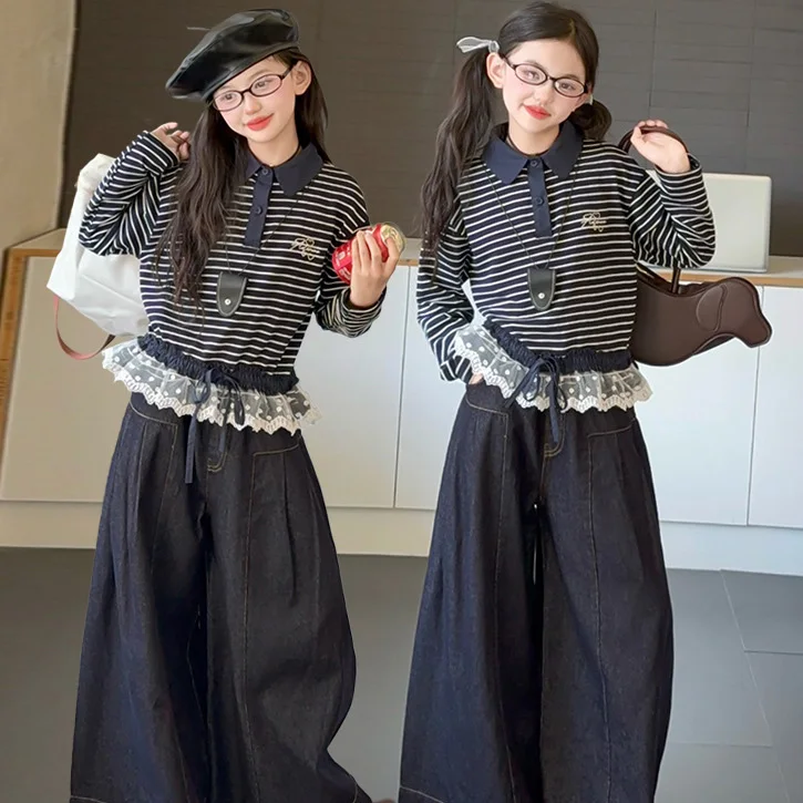 Children Girls Autumn Sets Striped Turn Down Collar Lace Patchwork T-shirt+Wide-leg Pant Baby Girl Set Kids Girls Two-piece Sets
Children Girls Autumn Sets Striped Turn Down Collar Lace Patchwork T-shirt+Wide-leg Pant Baby Girl Set Kids Girls Two-piece Sets