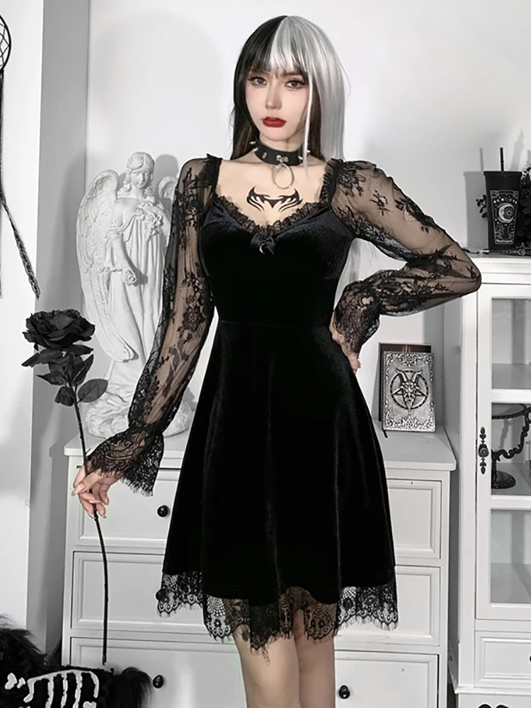Vintage Elegant Dark Gothic Sexy Dress Ladies Black Lace Long Sleeve Velvet Grunge Black Dresses Streetwear Party Club 2022 New
Vintage Elegant Dark Gothic Sexy Dress Ladies Black Lace Long Sleeve Velvet Grunge Black Dresses Streetwear Party Club 2022 New