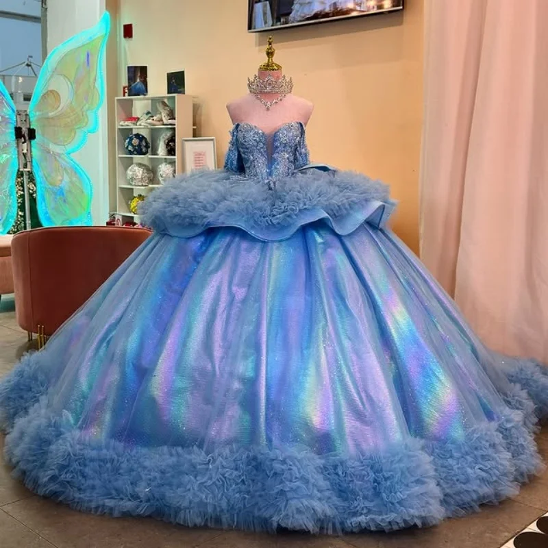 Синее платье Quinceanera с открытыми плечами по индивидуальному заказу, аппликация с кристаллами и цветком, кружево с длинным хвостом и бантом, платья de 15, Quinceanera
Синее платье Quinceanera с открытыми плечами по индивидуальному заказу, аппликация с кристаллами и цветком, кружево с длинным хвостом и бантом, платья de 15, Quinceanera