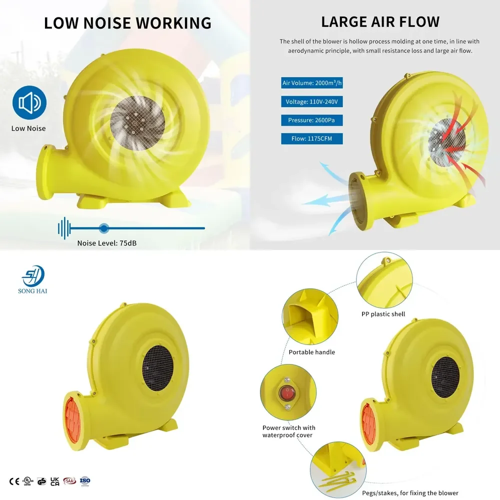 Low Noise 75dB Inflatable Blower Fan with Metal Blade Durable 100000H Working Life for Bouncy Castle
Low Noise 75dB Inflatable Blower Fan with Metal Blade Durable 100000H Working Life for Bouncy Castle