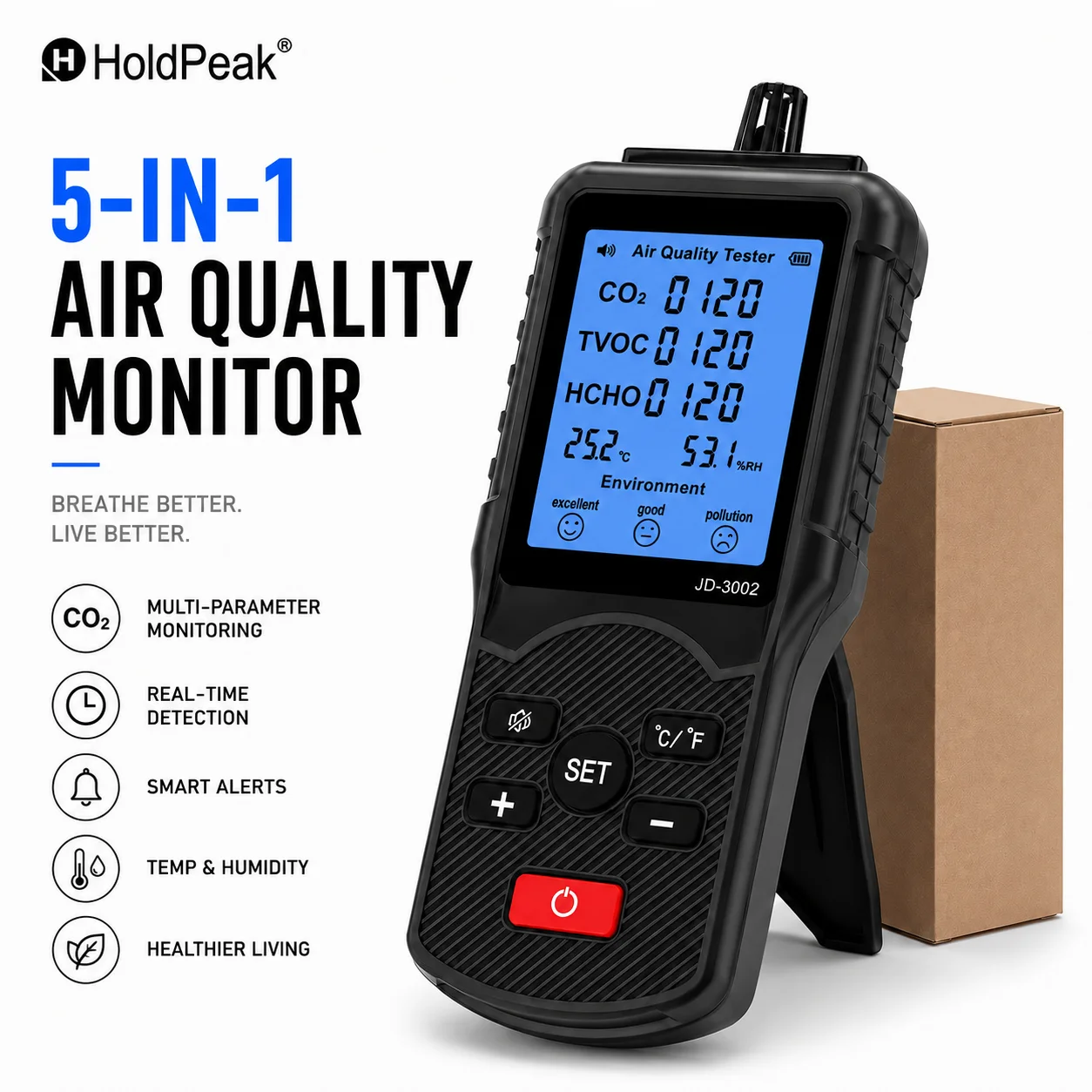 5-in-1 Air Quality Tester, Accurate CO2 PPM Meter & VOC Detector, Real-time Temp/Humidity Display, Portable Indoor Air Analyzer