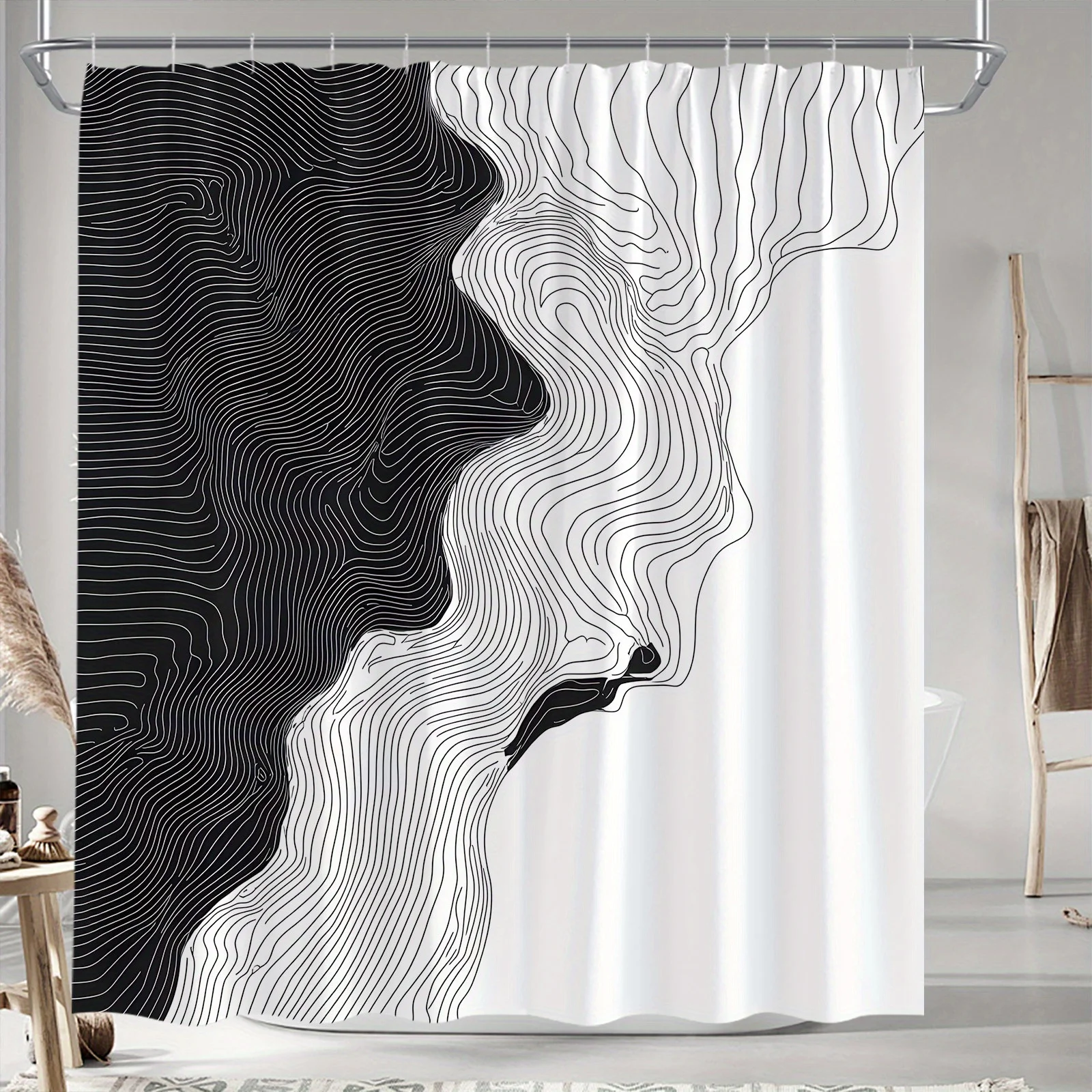 Modern black and white abstract wave line shower curtain geometric terrain design minimalist polyester fabric includes 12 hooks
Modern black and white abstract wave line shower curtain geometric terrain design minimalist polyester fabric includes 12 hooks