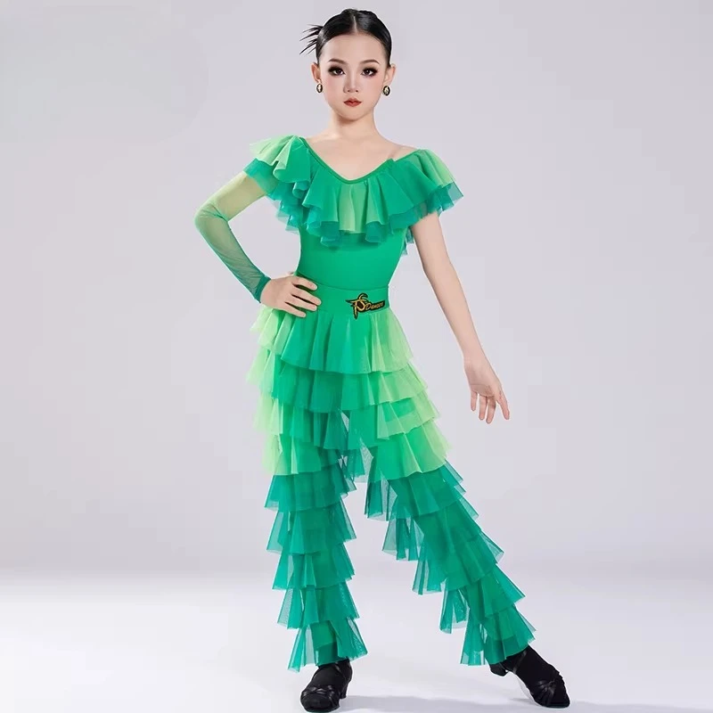 2026 Girls Green Gradient Latin Dance Set Kids Mesh Ruffle Long Sleeve Top Pants Ballroom Salsa Performance Costume
2026 Girls Green Gradient Latin Dance Set Kids Mesh Ruffle Long Sleeve Top Pants Ballroom Salsa Performance Costume
