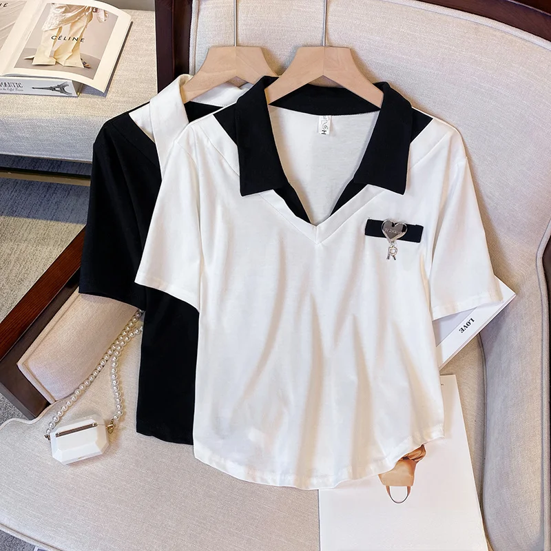 Oversize V-neck Patchwork T-shirt Women Summer XL-4XL Large Size Tops Loose Turn-down Collar Short Sleeve Tops Big Clothing
Oversize V-neck Patchwork T-shirt Women Summer XL-4XL Large Size Tops Loose Turn-down Collar Short Sleeve Tops Big Clothing