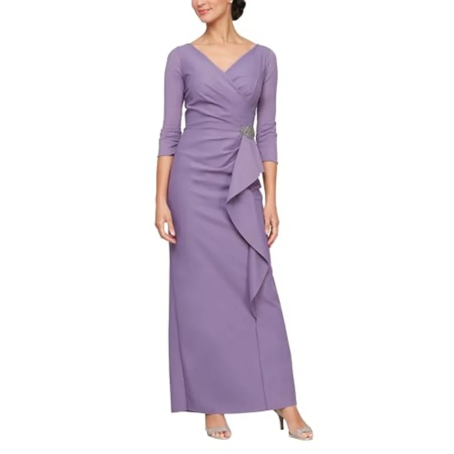 Women's Slimming Long Length ¾ Sleeve Mother of The Bride Dress with Cascade Ruffle Skirt and Side Ruching
Women's Slimming Long Length ¾ Sleeve Mother of The Bride Dress with Cascade Ruffle Skirt and Side Ruching