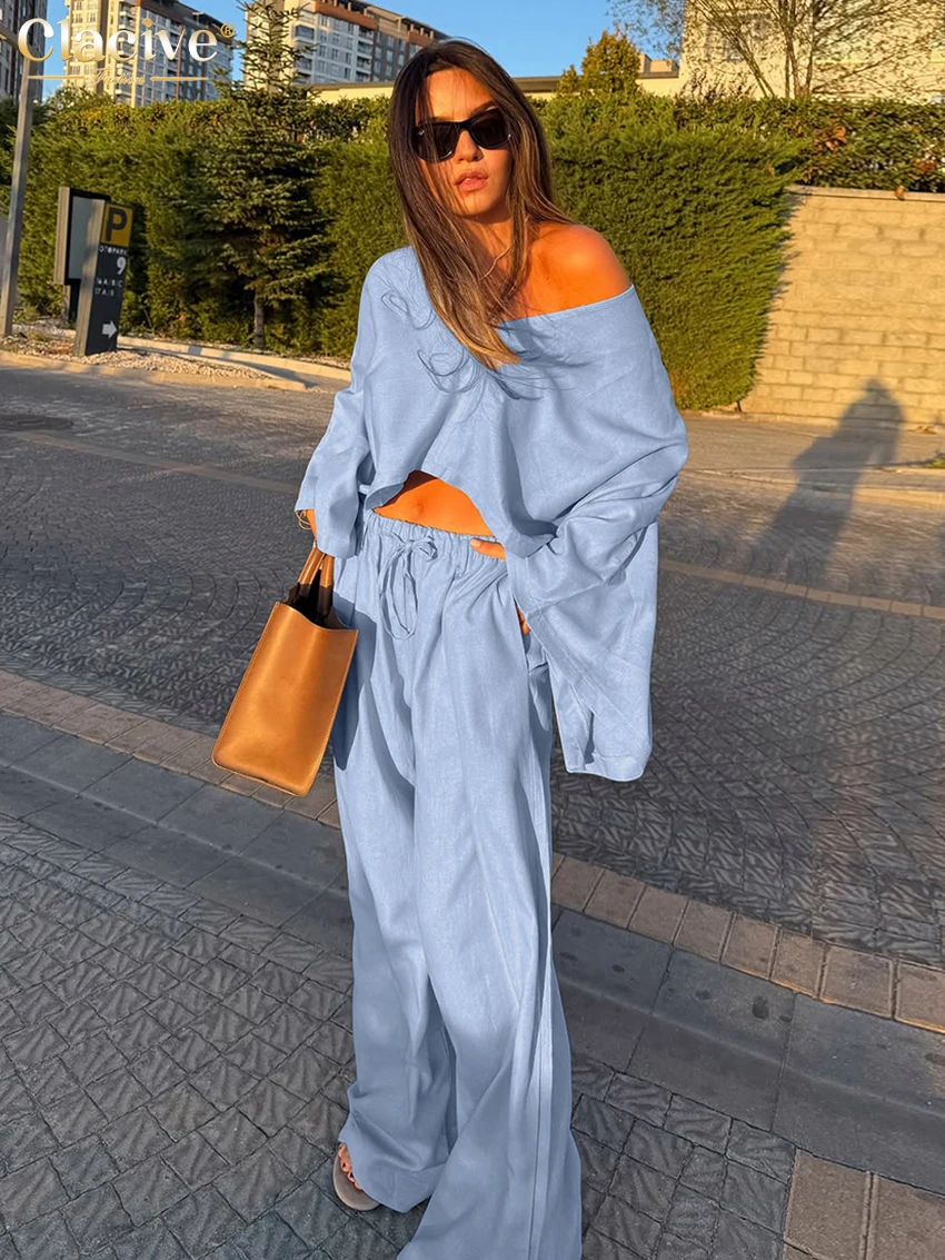 Clacive Fashion Loose Blue Cotton Two Piece Outfits Woman 2026 Elegant Long Sleeve Crop Shirt With High Waist Wide Pants Set Fem
Clacive Fashion Loose Blue Cotton Two Piece Outfits Woman 2026 Elegant Long Sleeve Crop Shirt With High Waist Wide Pants Set Fem