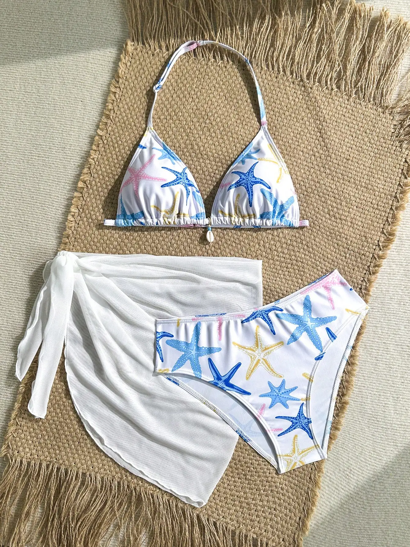 3pcs Starfish Print Triangle Bikini Set With Sheer Cover Up
3pcs Starfish Print Triangle Bikini Set With Sheer Cover Up