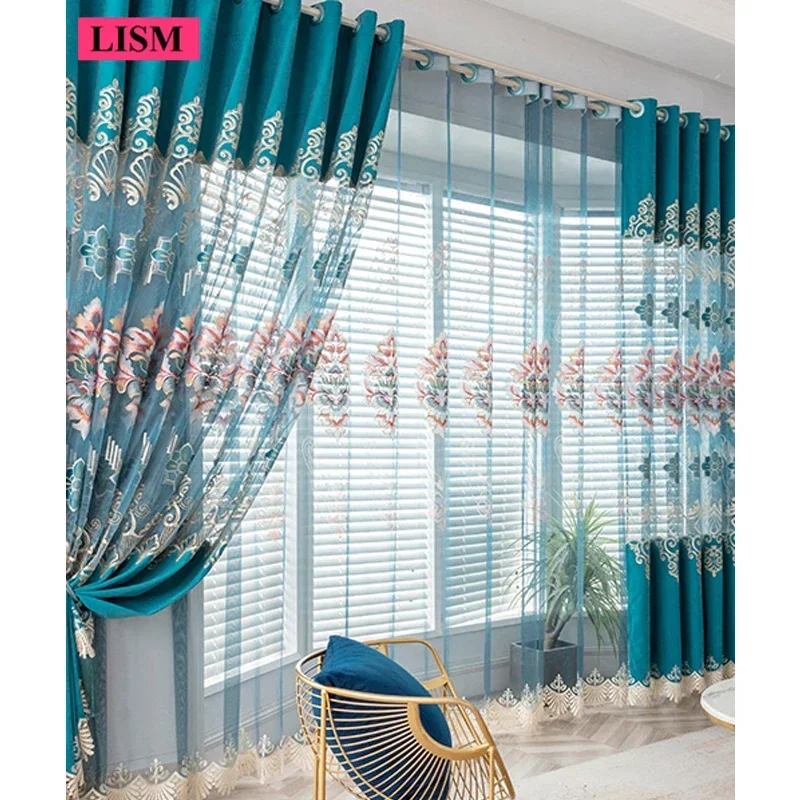 Luxury Chenille Cashmere Lace Embroidered Blackout Curtains Hollow Blue Fabric Living Room Bedroom Window Tulle Customized Cloth
Luxury Chenille Cashmere Lace Embroidered Blackout Curtains Hollow Blue Fabric Living Room Bedroom Window Tulle Customized Cloth