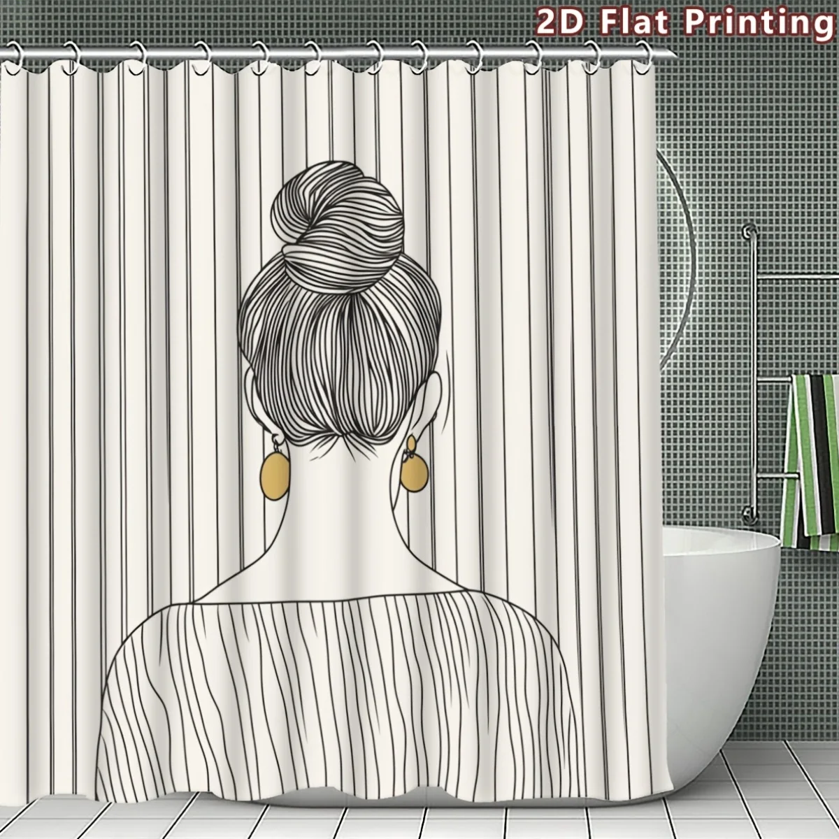 Fashion Girl Back View Shower Curtain, Bun Hairstyle & Gold Earrings, Minimalist Line Art, Waterproof Polyester Fabric
Fashion Girl Back View Shower Curtain, Bun Hairstyle & Gold Earrings, Minimalist Line Art, Waterproof Polyester Fabric
