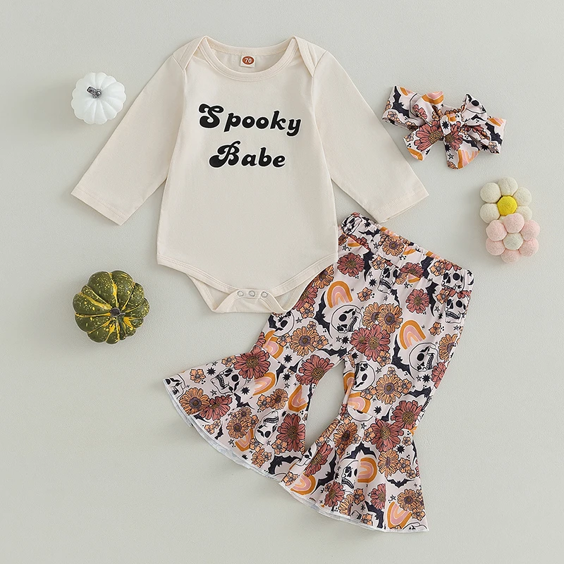 Toddler Girl Halloween Costume Long Sleeve Pumpkin Romper Ghost Print Bell Bottom Pants Headband Set Autumn Outfit for Baby Girl
Toddler Girl Halloween Costume Long Sleeve Pumpkin Romper Ghost Print Bell Bottom Pants Headband Set Autumn Outfit for Baby Girl