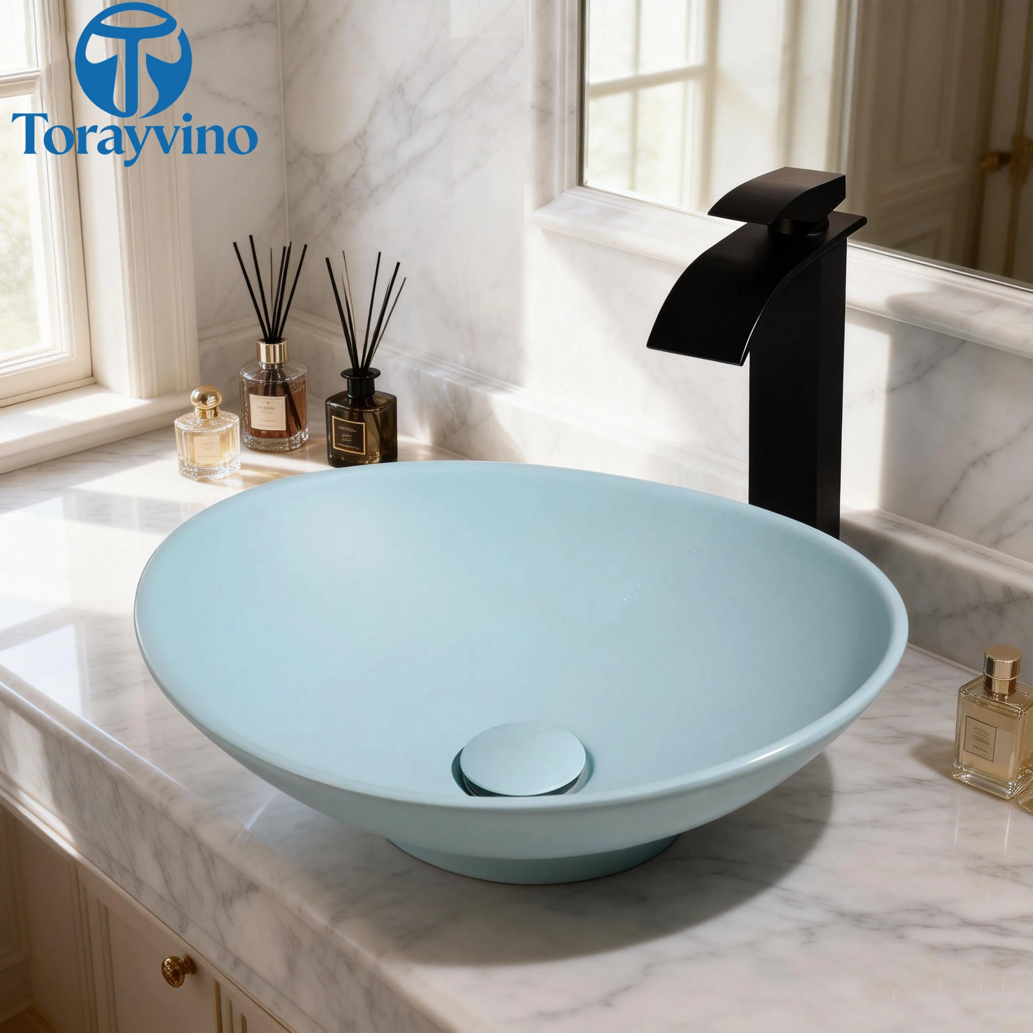 TORAYVINO Bathroom Basin Sink Faucet Set Ceramic Vessel Sink Round Wash Basin Bowl Combo With Matter Black Waterfall Faucet
TORAYVINO Bathroom Basin Sink Faucet Set Ceramic Vessel Sink Round Wash Basin Bowl Combo With Matter Black Waterfall Faucet