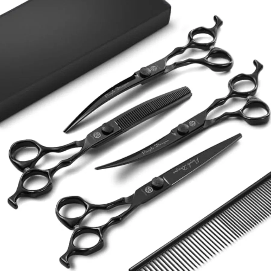 Dog grooming scissors set for pets: stainless steel, black, curved thinning/straight/up-down curved shears + comb, 7-inch, adju
Dog grooming scissors set for pets: stainless steel, black, curved thinning/straight/up-down curved shears + comb, 7-inch, adju