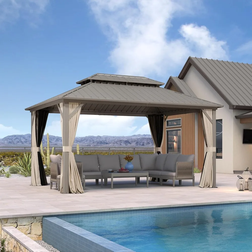 Садовая беседка 3х4,2 м (10'x14') цвета шампань, алюминиевая беседка для патио с двойной крышей из оцинкованной стали, шторами и москитной сеткой, навес
Садовая беседка 3х4,2 м (10'x14') цвета шампань, алюминиевая беседка для патио с двойной крышей из оцинкованной стали, шторами и москитной сеткой, навес