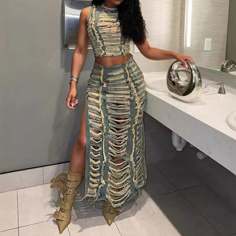 Mia Muse Women's Summer Sets 2025 Wild Ripped Sleeveless Crew Neck Tanks Side Slit Maxi High Waist A-Line Skirts Streetwear Sets
Mia Muse Women's Summer Sets 2025 Wild Ripped Sleeveless Crew Neck Tanks Side Slit Maxi High Waist A-Line Skirts Streetwear Sets