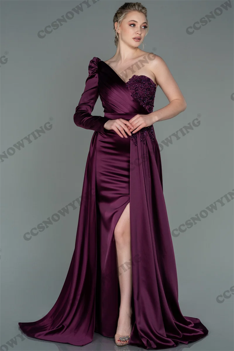 Satin Appliques Long Sleeve One Shoulder Evening Dresses A Line Formal Party Dress High Slit Women Robe De Soiree
Satin Appliques Long Sleeve One Shoulder Evening Dresses A Line Formal Party Dress High Slit Women Robe De Soiree
