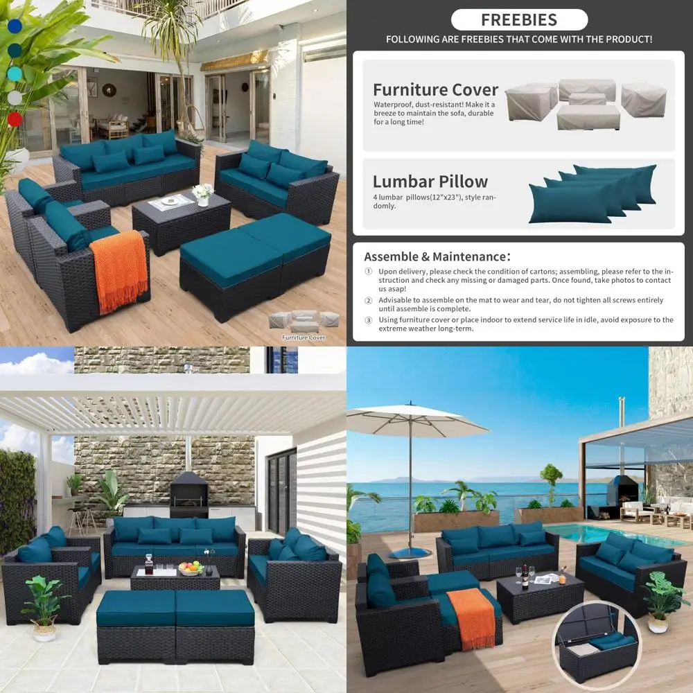 7-Piece Outdoor Patio Furniture Set with Peacock Blue Cushions, Anti-Slip and Waterproof Covers
7-Piece Outdoor Patio Furniture Set with Peacock Blue Cushions, Anti-Slip and Waterproof Covers