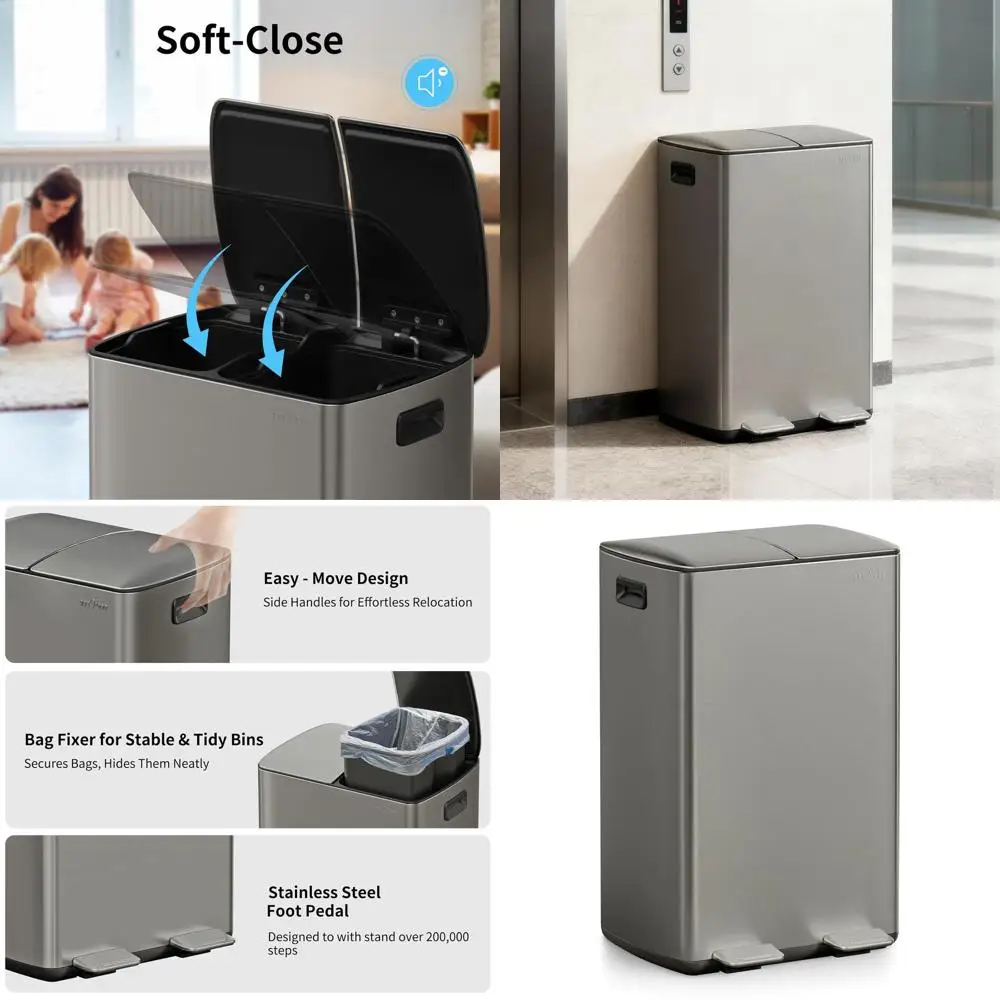 16 Gallon Dual Trash Bin with Lids, 2 Compartments for Recycling and Kitchen Waste
16 Gallon Dual Trash Bin with Lids, 2 Compartments for Recycling and Kitchen Waste