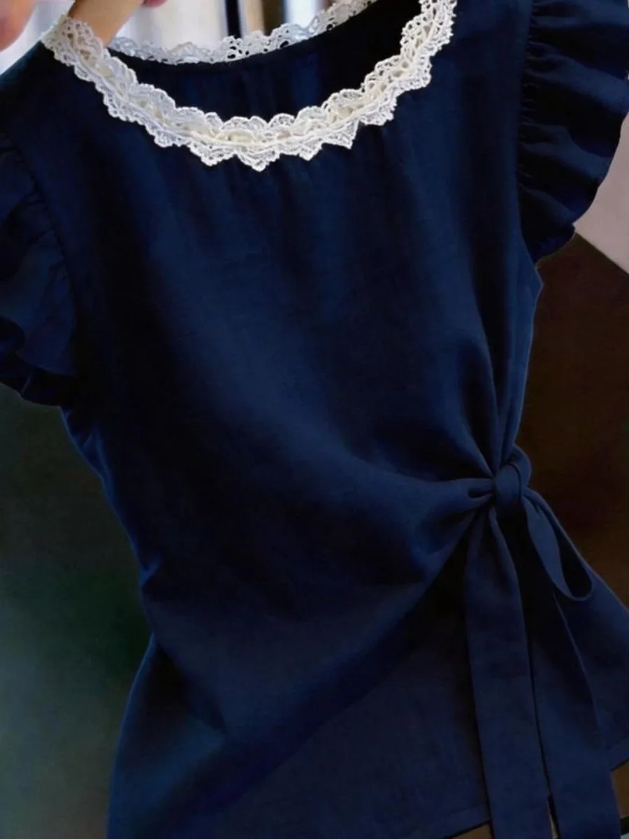 Slimming Effect French Style Lace Collar Bow Tie Shirt Women's Fashionable Elegant Short Sleeve Top Waist Cinched Fly Sleeve
Slimming Effect French Style Lace Collar Bow Tie Shirt Women's Fashionable Elegant Short Sleeve Top Waist Cinched Fly Sleeve