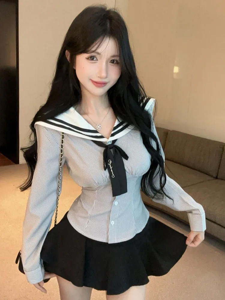 Sweet Style Striped Navy Collar Long Sleeve Women's Shirt Spring Summer New Pure Desire JK Spicy Fluffy Skirt Pants Set
Sweet Style Striped Navy Collar Long Sleeve Women's Shirt Spring Summer New Pure Desire JK Spicy Fluffy Skirt Pants Set