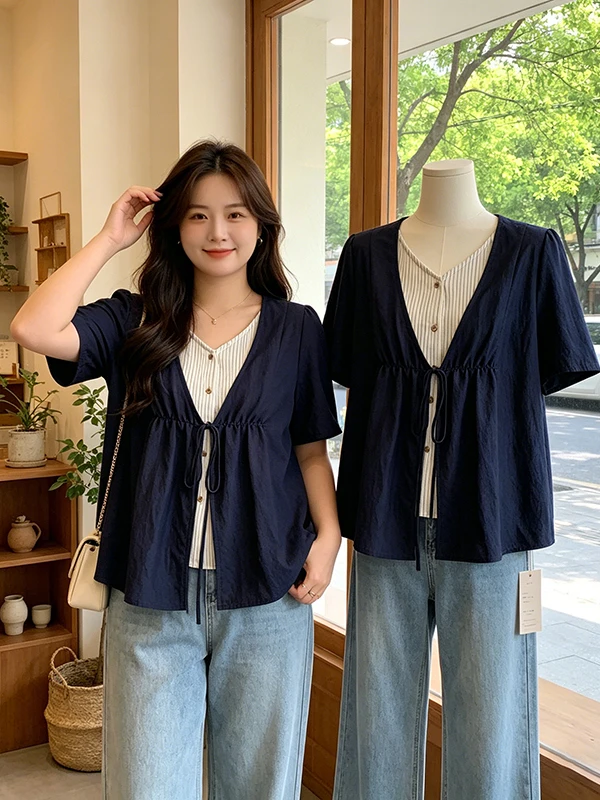 Summer New plus Size Women's Denim Stripe Shirt Cardigan Fake Two-Piece Versatile Top Age-Defying Korean Style Commute Wind
Summer New plus Size Women's Denim Stripe Shirt Cardigan Fake Two-Piece Versatile Top Age-Defying Korean Style Commute Wind