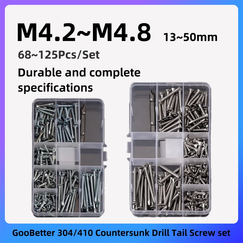 GooBetter 68~125pcs Drill Tail Wood Screw Set M4.2 M4.8 13~50mm 304/410 Stainless Steel Phillips Countersunk KA Wood Screw Set
GooBetter 68~125pcs Drill Tail Wood Screw Set M4.2 M4.8 13~50mm 304/410 Stainless Steel Phillips Countersunk KA Wood Screw Set