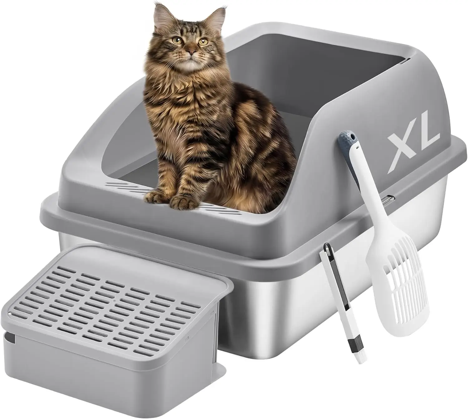 Stainless Steel Cat Litter Box with Open Top, High Sided Litter Tray with Step, Scoop, Brush, for Cats up to 33 lb, Dov
Stainless Steel Cat Litter Box with Open Top, High Sided Litter Tray with Step, Scoop, Brush, for Cats up to 33 lb, Dov