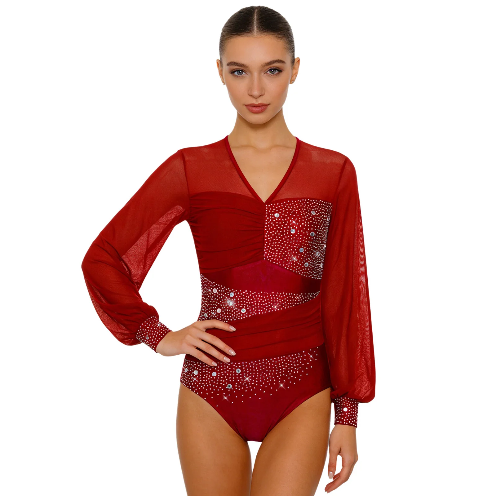 Womens Rhinestone Gymnastics Figuring Skating Latin Dance Costume V Neck Mesh Long Sleeve Back Cutout Ruched Leotard Jumpsuit
Womens Rhinestone Gymnastics Figuring Skating Latin Dance Costume V Neck Mesh Long Sleeve Back Cutout Ruched Leotard Jumpsuit