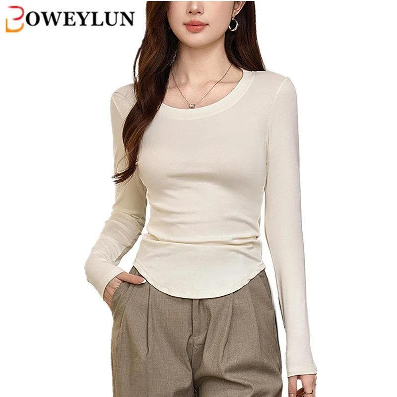 BOWEYLUN Casual Round Neck Long Sleeve T-Shirt Women Spring and Autumn Irregular Arc Slim Bottom Shirt Tops Female
BOWEYLUN Casual Round Neck Long Sleeve T-Shirt Women Spring and Autumn Irregular Arc Slim Bottom Shirt Tops Female
