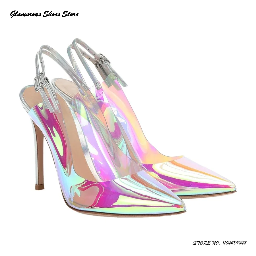 Iridescent Transparent PVC Slingback Pumps Stylish Pointed Toe Thin Heels Evening Shoes 2025 Spring Summer Buckle Strap Sandals
Iridescent Transparent PVC Slingback Pumps Stylish Pointed Toe Thin Heels Evening Shoes 2025 Spring Summer Buckle Strap Sandals