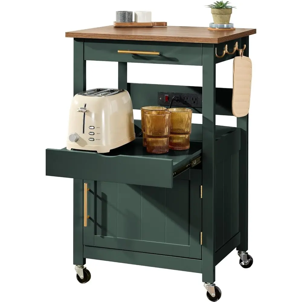 Green Kitchen Island Cart with Cabinet, Drawer, Sliding Tray, Outlet, Lockable Wheels, Hooks, Coffee Cart, and Microwave Stand
Green Kitchen Island Cart with Cabinet, Drawer, Sliding Tray, Outlet, Lockable Wheels, Hooks, Coffee Cart, and Microwave Stand