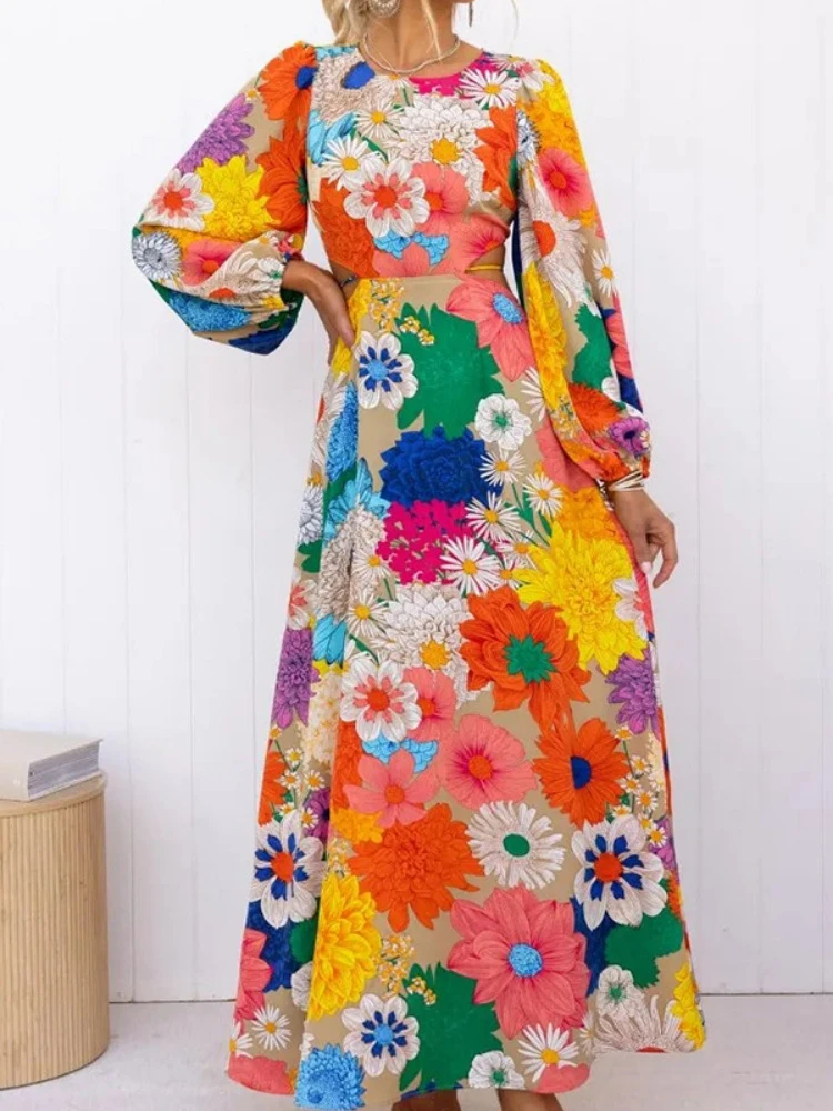 Vacation Style Dopamine Color Print Lace Up Waist Dress for Women Autumn Round Neck Lantern Sleeves Blossoming Y2K 2024
Vacation Style Dopamine Color Print Lace Up Waist Dress for Women Autumn Round Neck Lantern Sleeves Blossoming Y2K 2024
