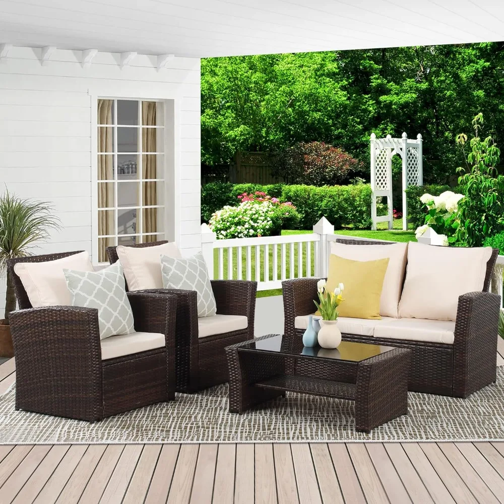 4 Piece Outdoor Patio Furniture Sets, Wicker Conversation Set for Porch Deck, Brown Rattan Sofa Chair with Cushion
4 Piece Outdoor Patio Furniture Sets, Wicker Conversation Set for Porch Deck, Brown Rattan Sofa Chair with Cushion