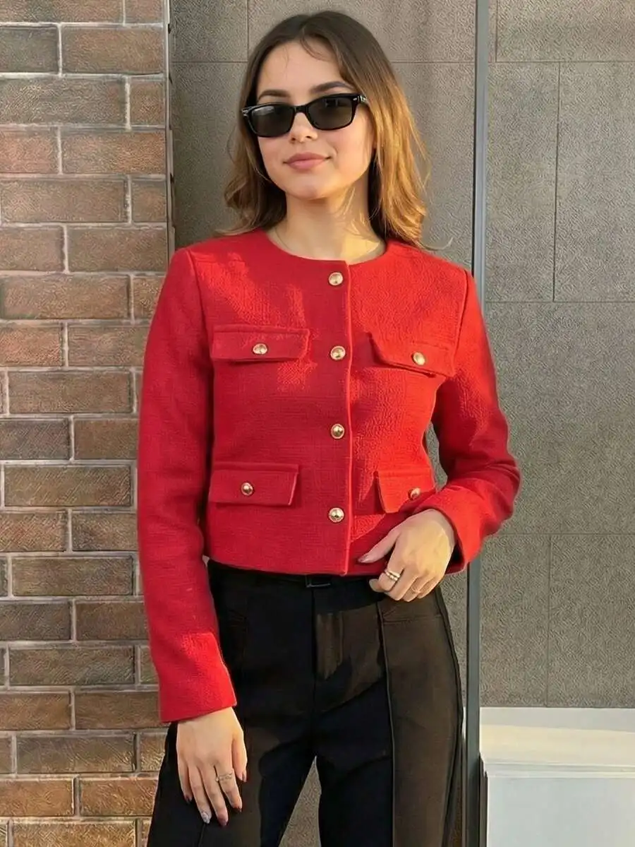 Women's Red Tweed Jacket with Gold Buttons, Round Neck, Long Sleeves, Casual Elegant Style
Women's Red Tweed Jacket with Gold Buttons, Round Neck, Long Sleeves, Casual Elegant Style