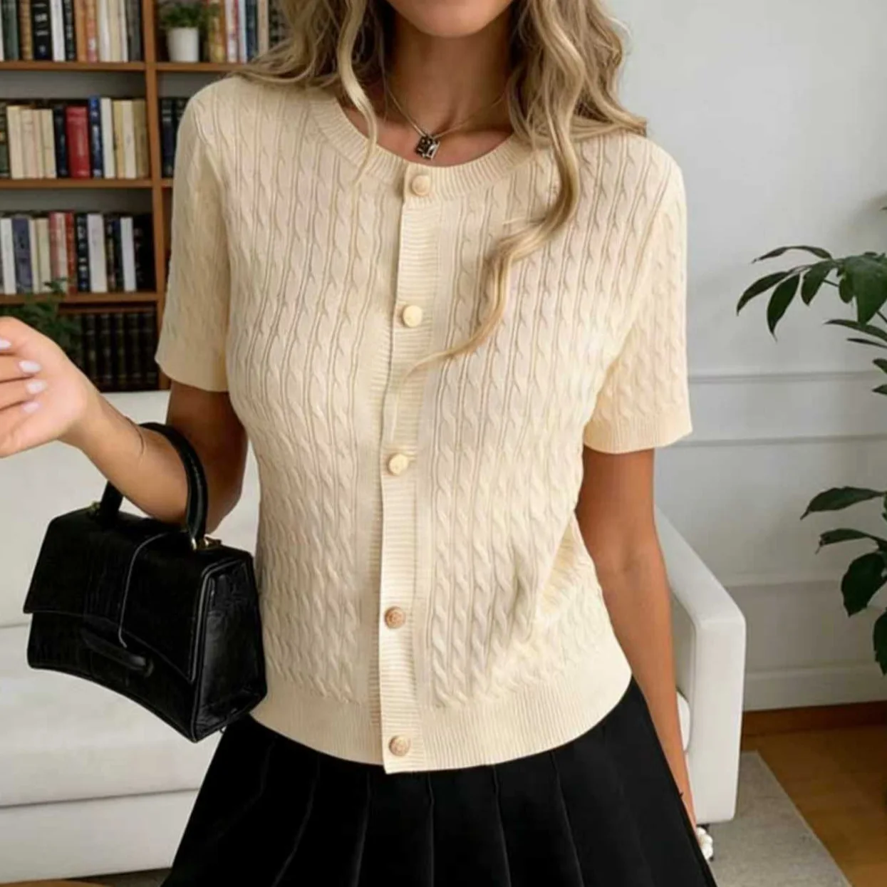 Vintage Knitted Sweater Single-breasted Button Twist Short-sleeved Top Twisted Slim-fit Sweater Women
Vintage Knitted Sweater Single-breasted Button Twist Short-sleeved Top Twisted Slim-fit Sweater Women