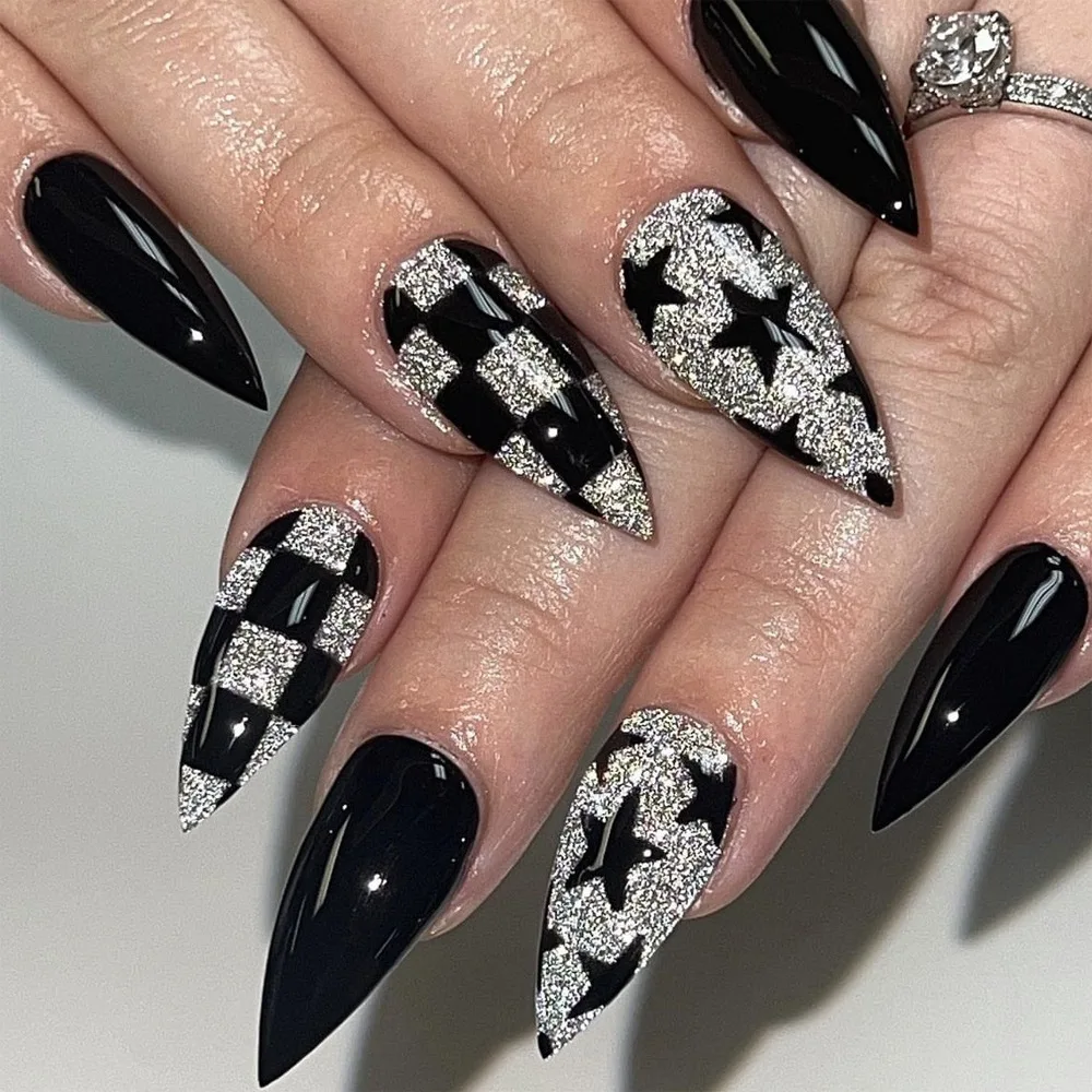 24Pcs Black Silver Glitter Press On Nails Stiletto False Nails with Star&Checkerboard, Y2K Gothic Reusable Acrylic Fake Nail
24Pcs Black Silver Glitter Press On Nails Stiletto False Nails with Star&Checkerboard, Y2K Gothic Reusable Acrylic Fake Nail