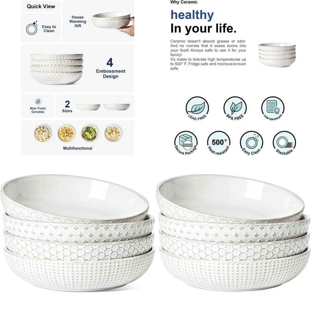 Set of 4, 8 Arctic White Ceramic Pasta & Salad Bowls, Embossed Design, Ideal for Housewarming or Wedding Gifts
Set of 4, 8 Arctic White Ceramic Pasta & Salad Bowls, Embossed Design, Ideal for Housewarming or Wedding Gifts