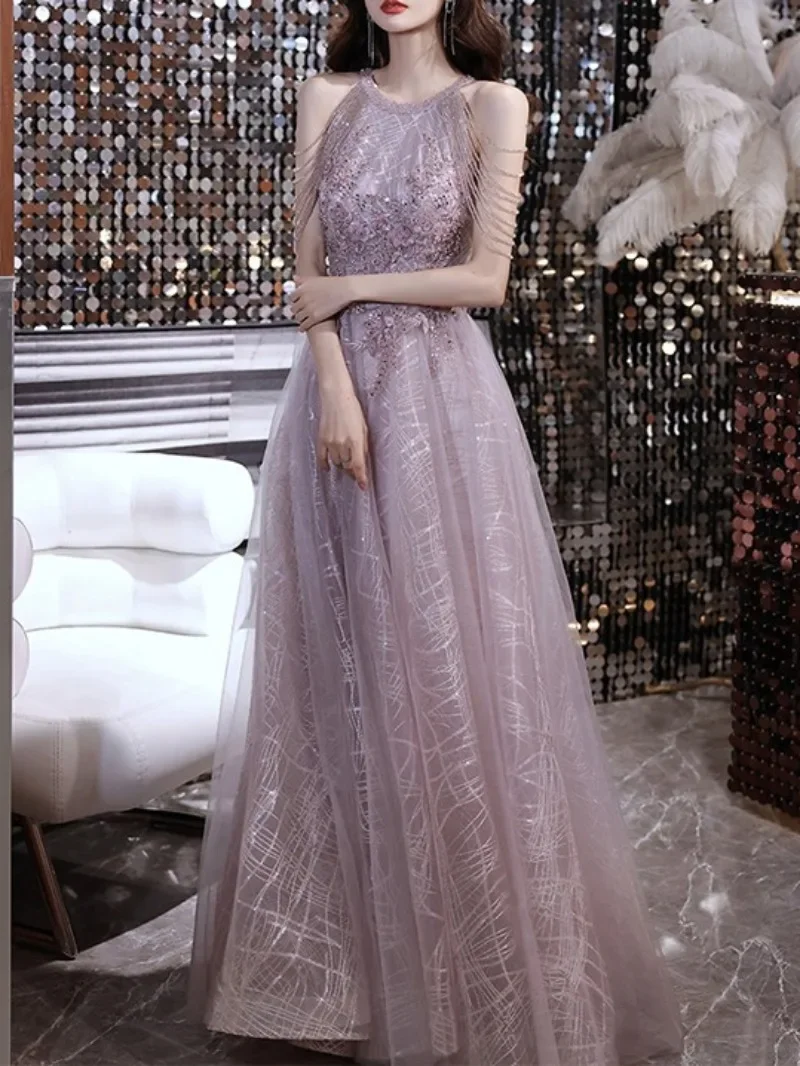 Sexy Halter Evening Dresses with Tassel Beads 2024 Light Purple Appliques A-line Floor-length Tulle Backless Long Prom Gowns
Sexy Halter Evening Dresses with Tassel Beads 2024 Light Purple Appliques A-line Floor-length Tulle Backless Long Prom Gowns