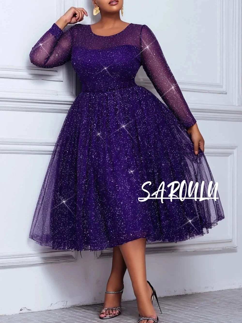 Purple Sparkling Mesh Sheer Evening Dress Plus Size Elegant O Neck Long Sleeves Dance Party Wear Charming Women Cocktail Gown
Purple Sparkling Mesh Sheer Evening Dress Plus Size Elegant O Neck Long Sleeves Dance Party Wear Charming Women Cocktail Gown