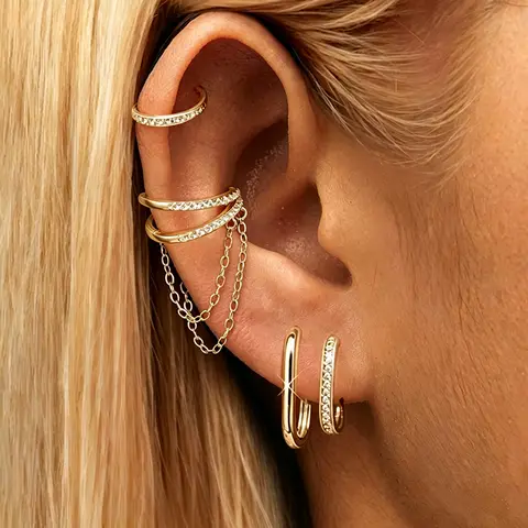 4PCS Chain Ear Cuff Earring Set Women Tragus Piercing Cartialge Small Huggie Hoop Earring Lot Helix Stud Earrings Lobe Jewelry