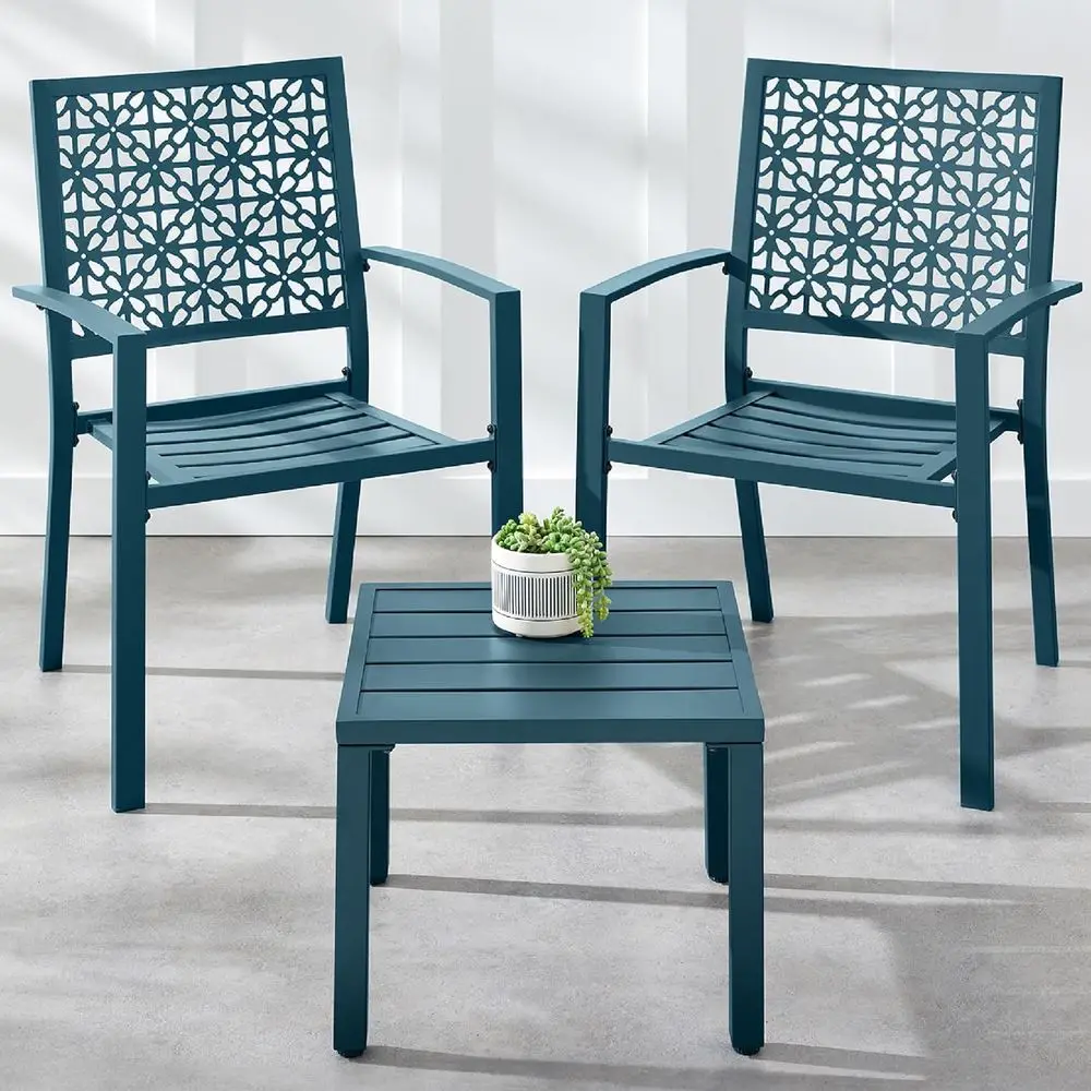 3-Piece Outdoor Bistro Set, Stackable ern Steel urniture or Porch, Garden w/ 2 Chairs, Table, Geometric Decor - Peacock Blue
3-Piece Outdoor Bistro Set, Stackable ern Steel urniture or Porch, Garden w/ 2 Chairs, Table, Geometric Decor - Peacock Blue